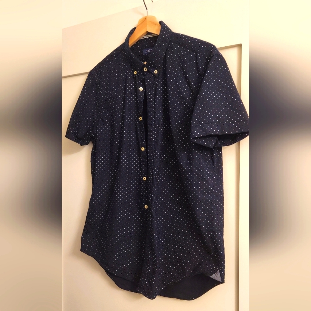 Zara Man Slim Fit Button Down Short Sleeve shirt Dark Blue Size XL